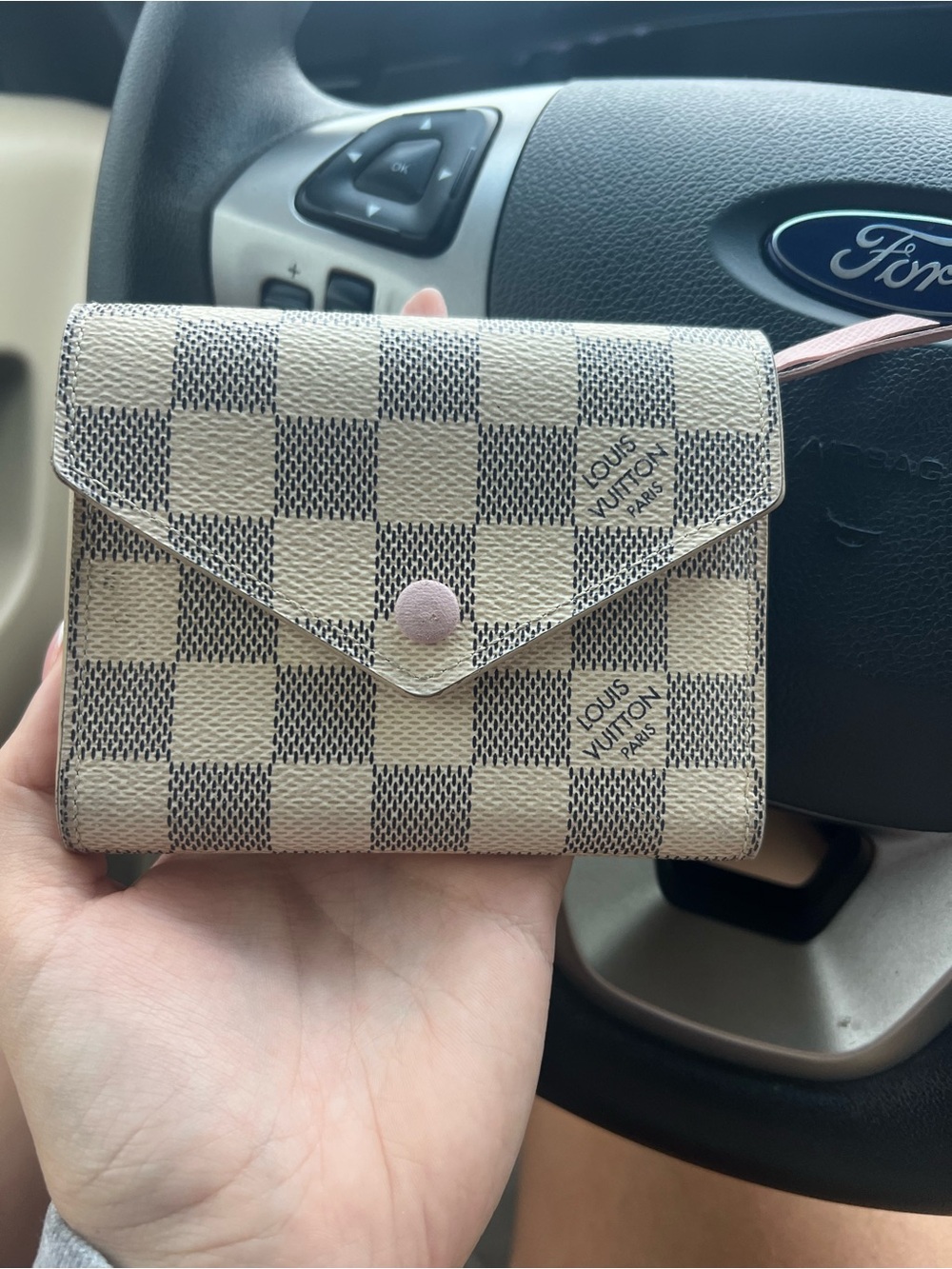Louis Vuitton Damier Azur Check Envelope Wallet with Pink Snap